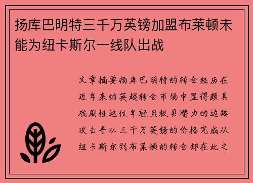 扬库巴明特三千万英镑加盟布莱顿未能为纽卡斯尔一线队出战