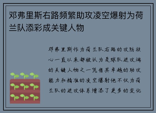 邓弗里斯右路频繁助攻凌空爆射为荷兰队添彩成关键人物